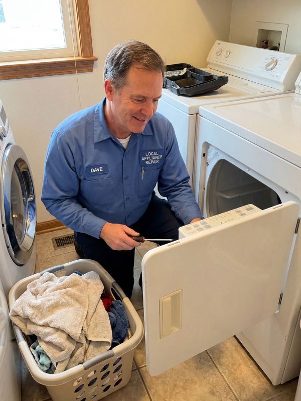 Appliance repair technician inspecting a clothes dryer for no-heat and long dry-time problems on a home service call in Lubbock, TX