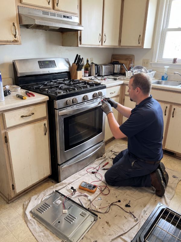 Appliance repair technician servicing a kitchen oven and range for ignition and thermostat problems in a Lubbock, TX home