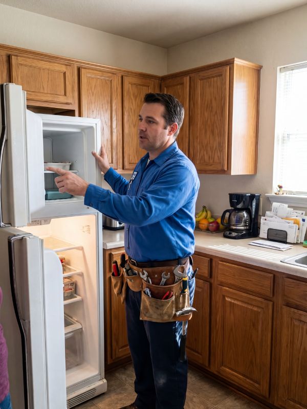 Local appliance repair technician diagnosing a refrigerator that's not cooling during an in-home service call in Lubbock, TX